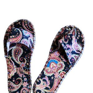 Women's black multi-colored paisley, casual open toe and non-slip linen slippers